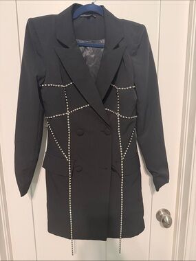 Valiant Crystal-Studded Black Double-Breasted Blazer 100% Cotton Size Small